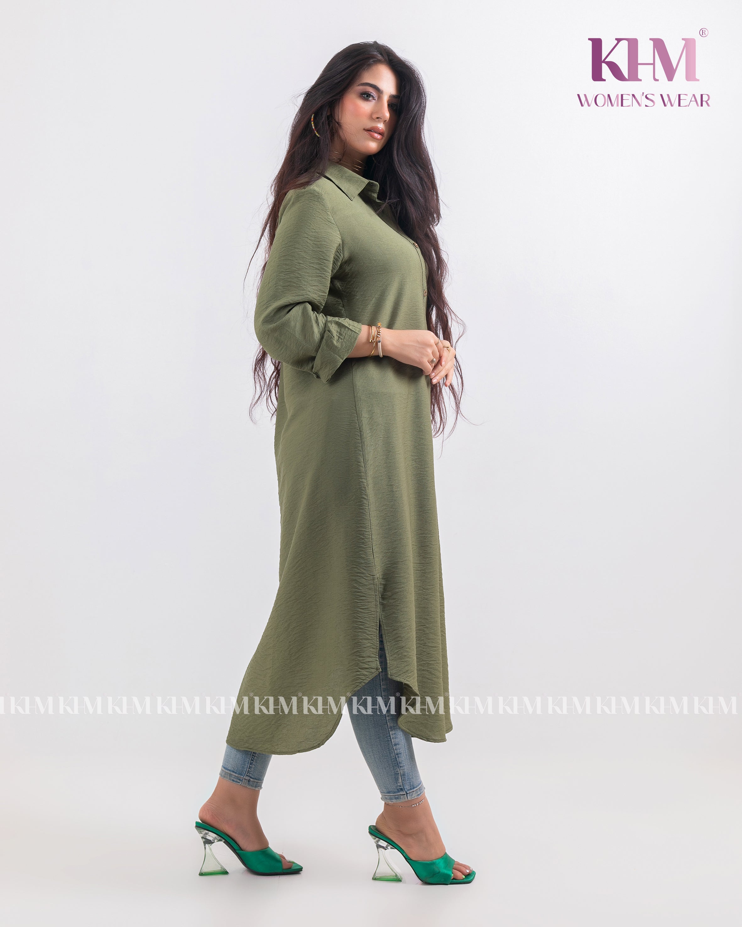شميز طويل كتان (زيتي)