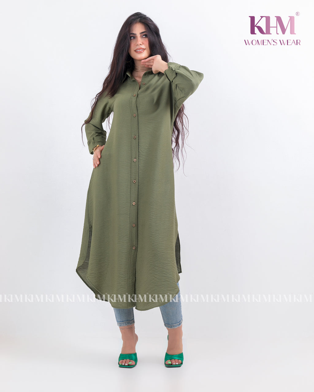 شميز طويل كتان (زيتي)