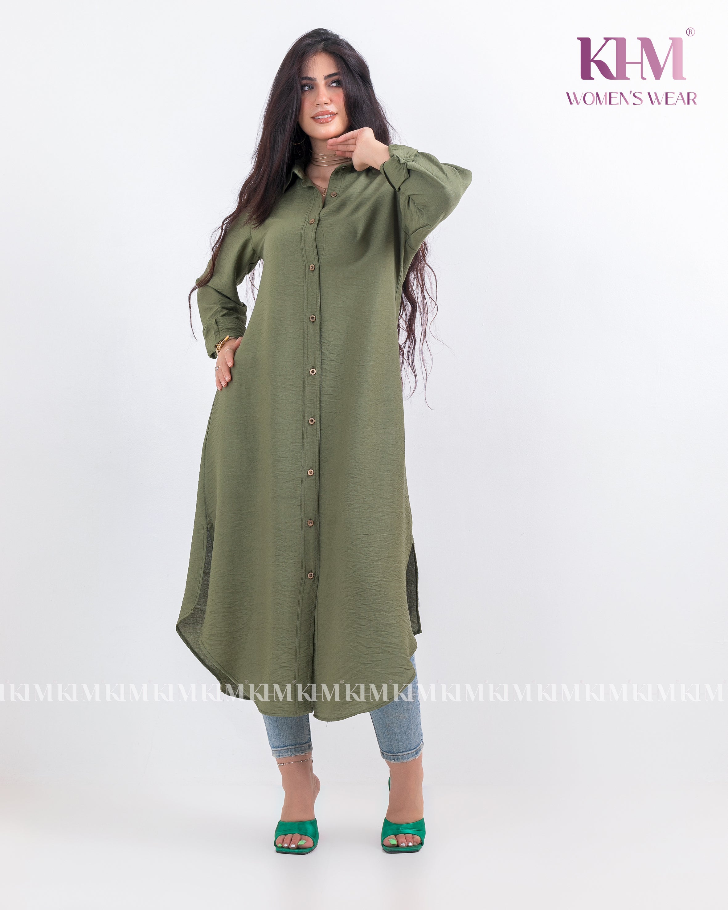 شميز طويل كتان (زيتي)